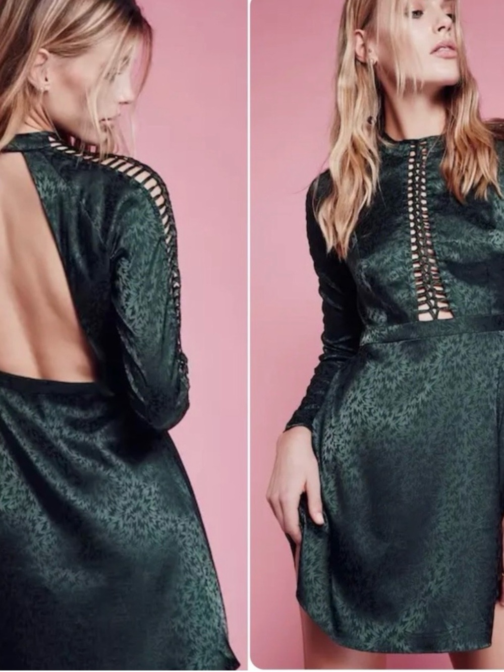 Free People Sun & Stars Open Back Laced Braided Mini Dress Holiday Green size 6